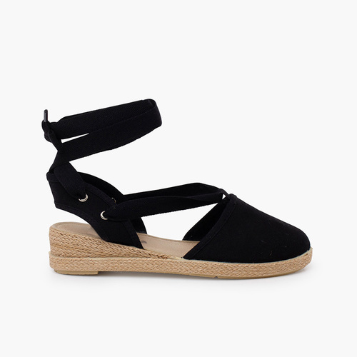 Espadrilles compensées rubans en piqué Noir