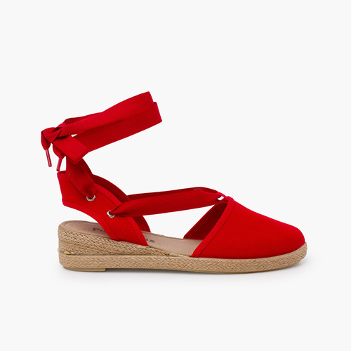Espadrilles compensées rubans en piqué Rouge