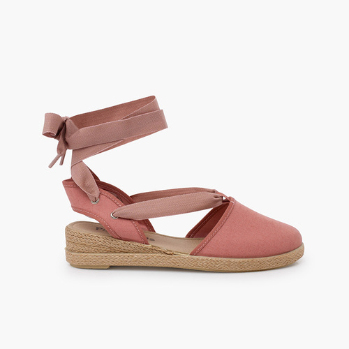Espadrilles compensées rubans en piqué Vieux Rose