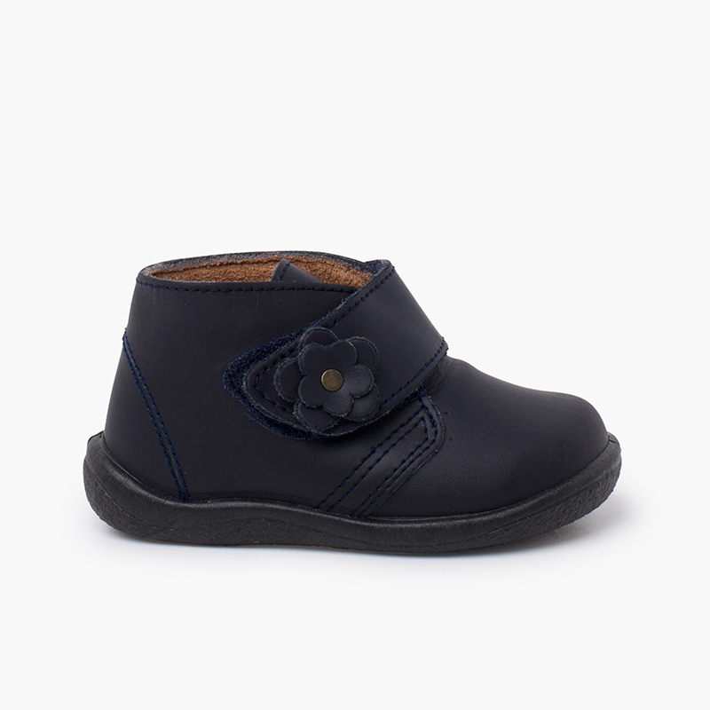 Bottines cuir lavable fille fleur Bleu Marine