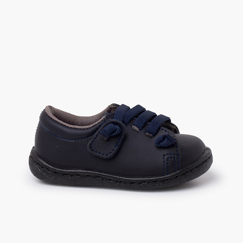 Baskets cuir lavable lacets élastiques Bleu Marine