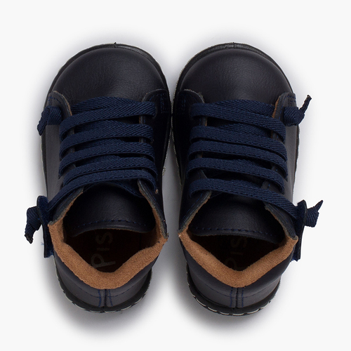 Bottines cuir lavable enfants lacets élastiques Bleu Marine