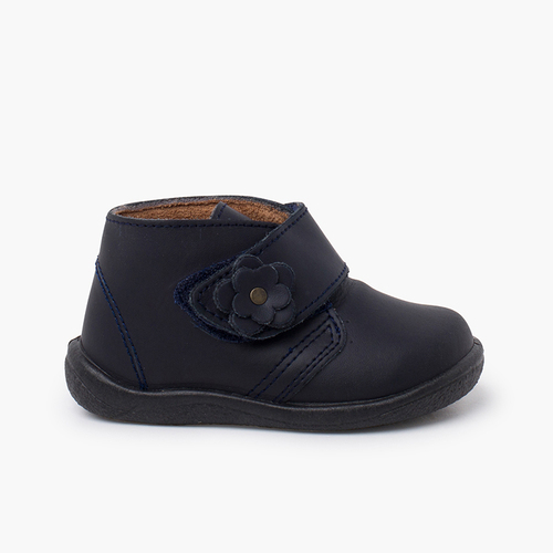 Bottines cuir lavable fille fleur Bleu Marine