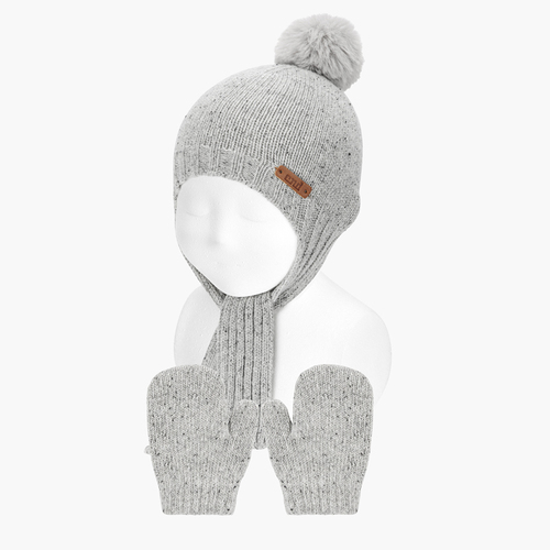 Ensemble bonnet et moufles tweed bébé Gris