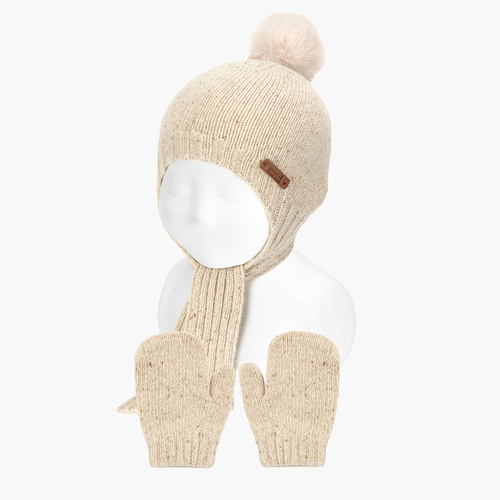 Ensemble bonnet et moufles tweed bébé Beige