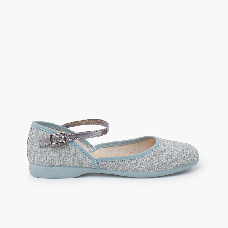 Babies ouvertes en lin avec bracelet métallique Bleu