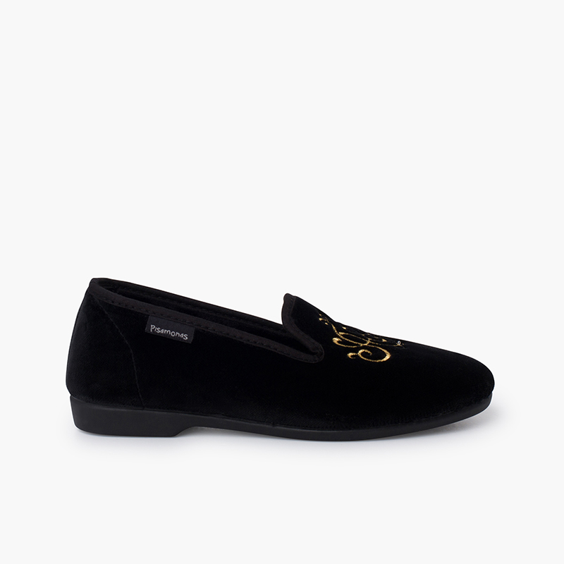 Chaussures venitiennes velours avec broderie Noir
