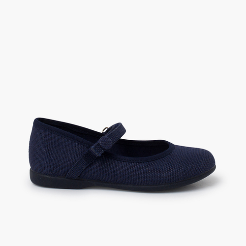 Chaussures babies lin à scratch et bouton Bleu Marine