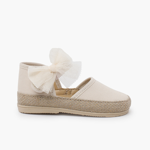 Espadrilles bébé semelle fine nœud en tulle Écru