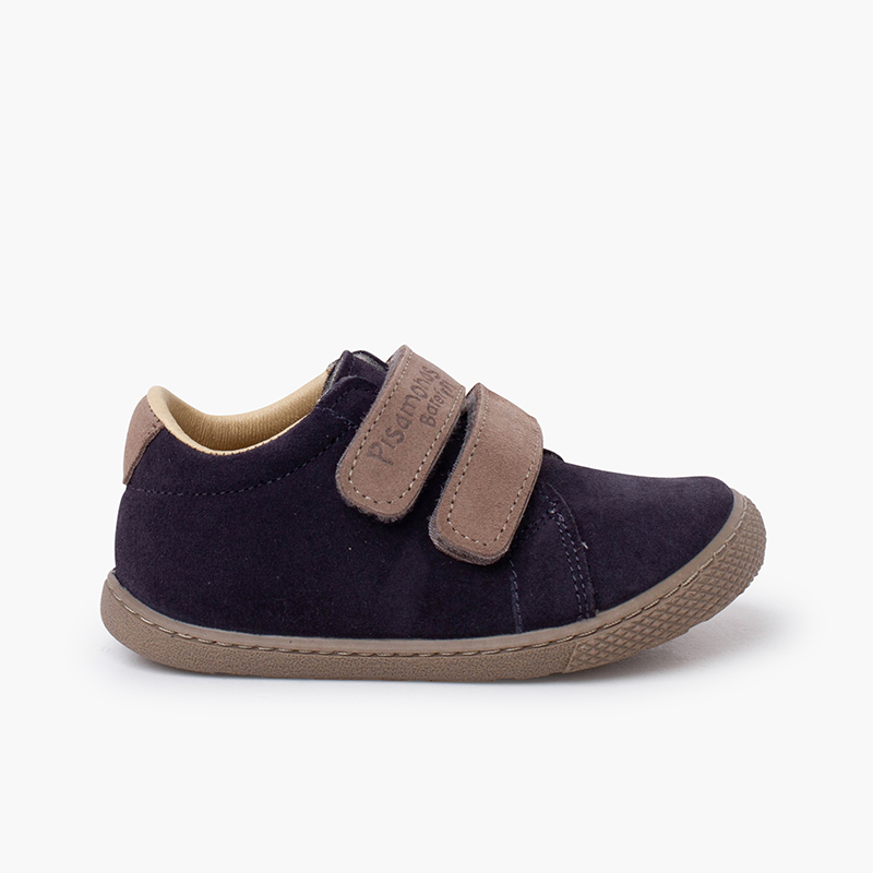 Baskets barefoot fermeture à scratch cuir suédé Marine bandes gris