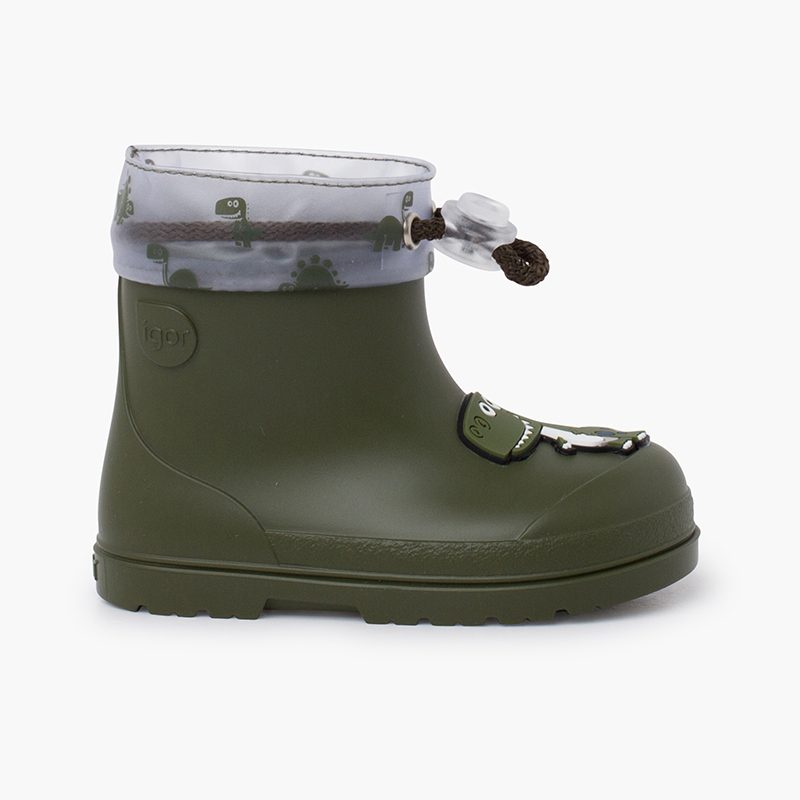 Bottines de pluie ajustables dinosaure barefoot Kaki
