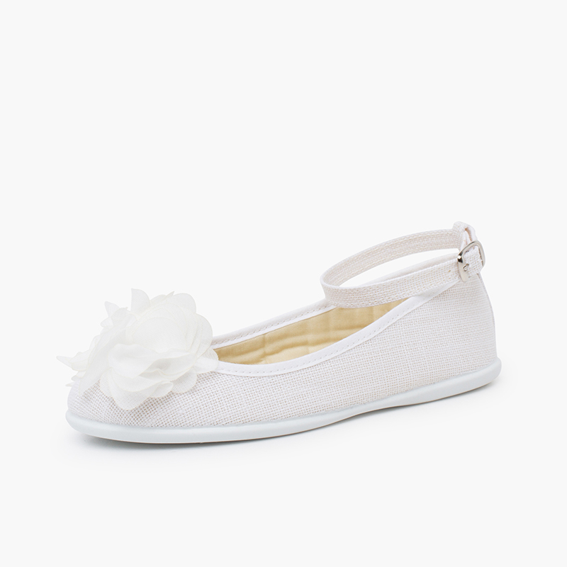 Ballerines lin bride cheville décoration fleur gaze Blanc