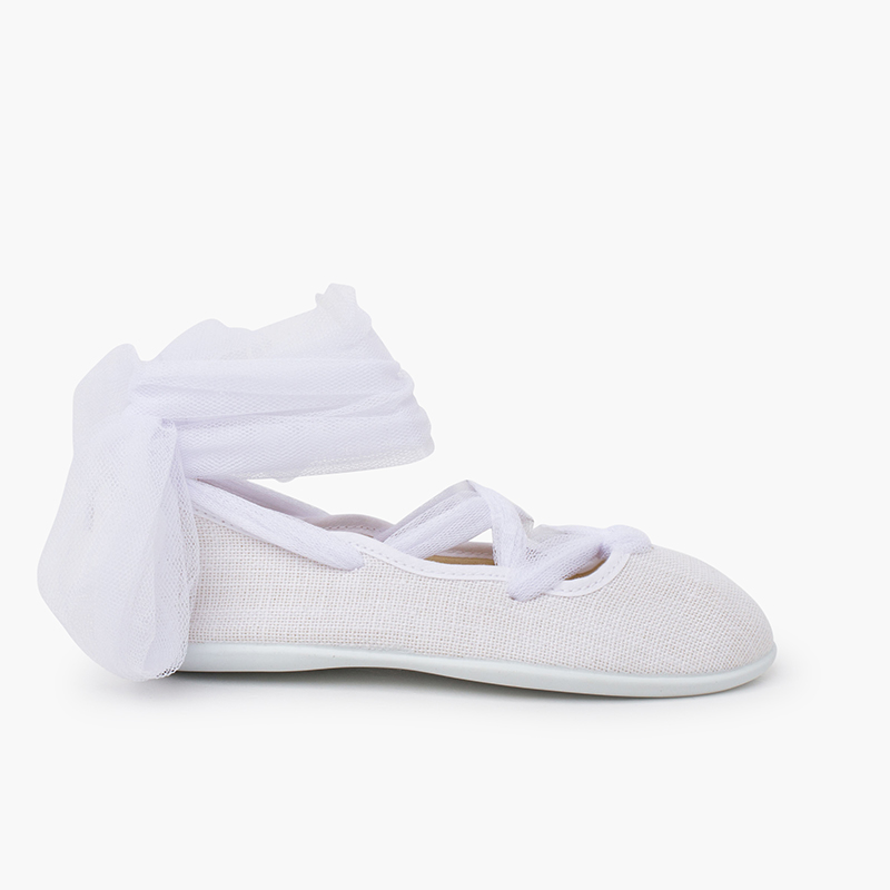 Ballerines en lin rubans croisés tulle Blanc