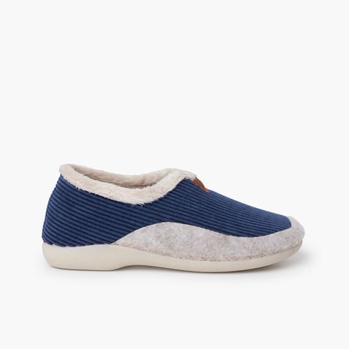Chaussons velours côtelé doublure fourrure Bleu Marine