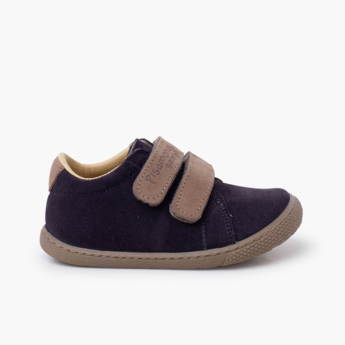 Baskets barefoot fermeture à scratch cuir suédé Marine bandes gris