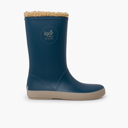 Bottes de pluie fausse fourrure semelle beige Bleu pétrole