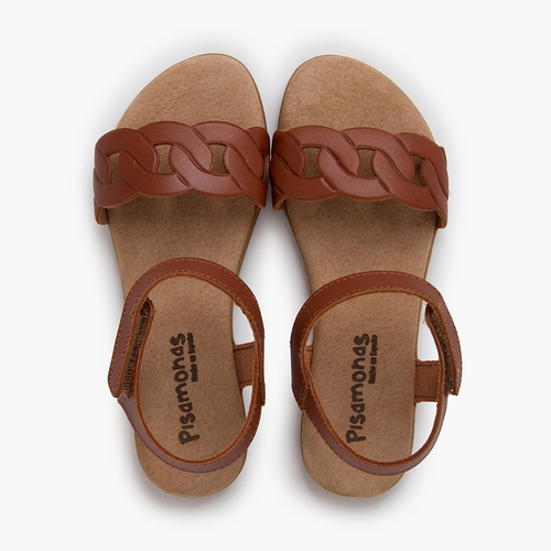 Sandales en cuir maillons bride à scratch Couleur Cuir