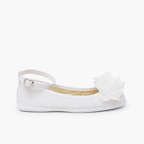 Ballerines lin bride cheville décoration fleur gaze Blanc