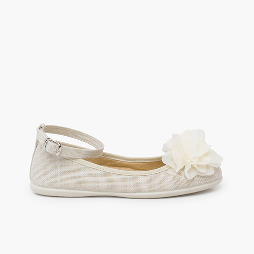 Ballerines lin bride cheville décoration fleur gaze Écru