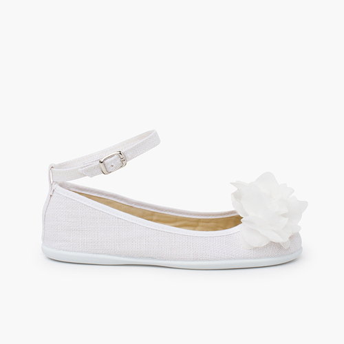 Ballerines lin bride cheville décoration fleur gaze Blanc