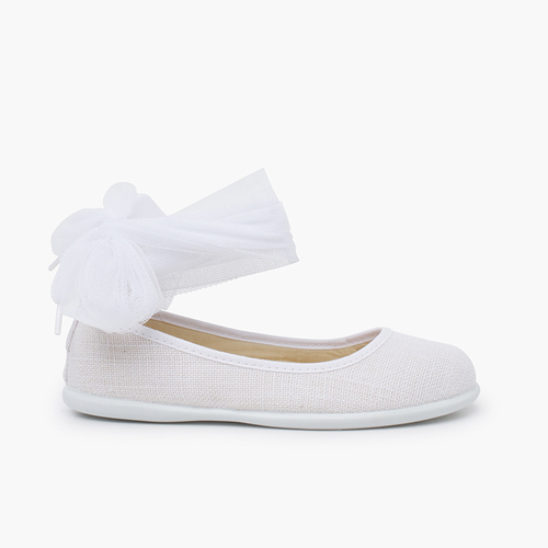 Ballerines lin bracelet nœud tulle Blanc