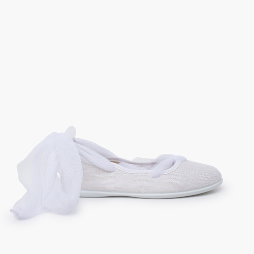 Ballerines en lin rubans croisés tulle Blanc