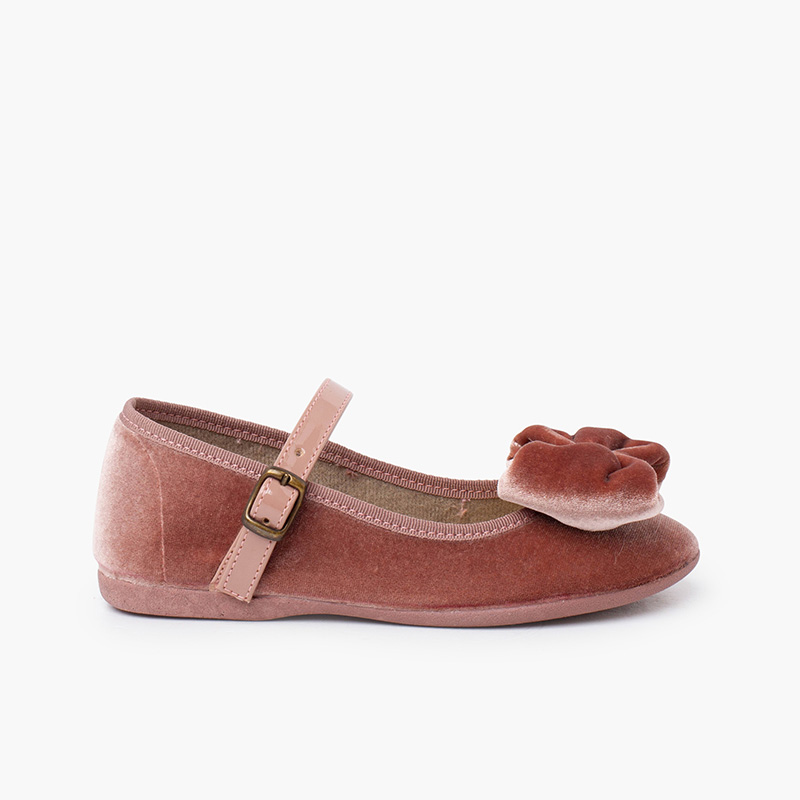 Babies velours grand nœud bride vernis Rose Pâle