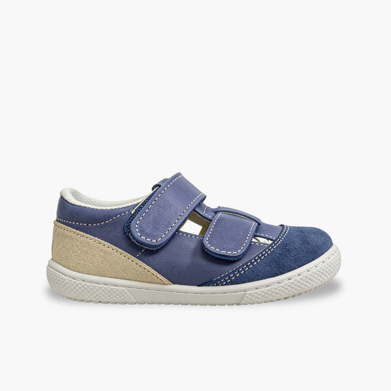 Sandales barefoot cuir enfant à double bride Bleu Marine