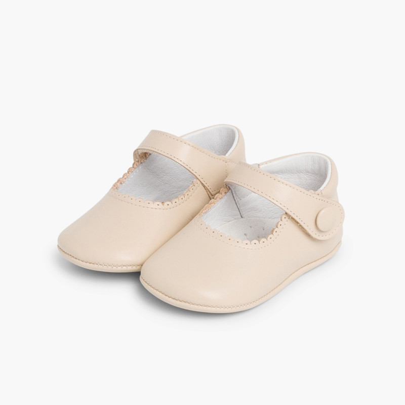 Chaussures babies en cuir avec fermetures à scratch pour bébés Beige