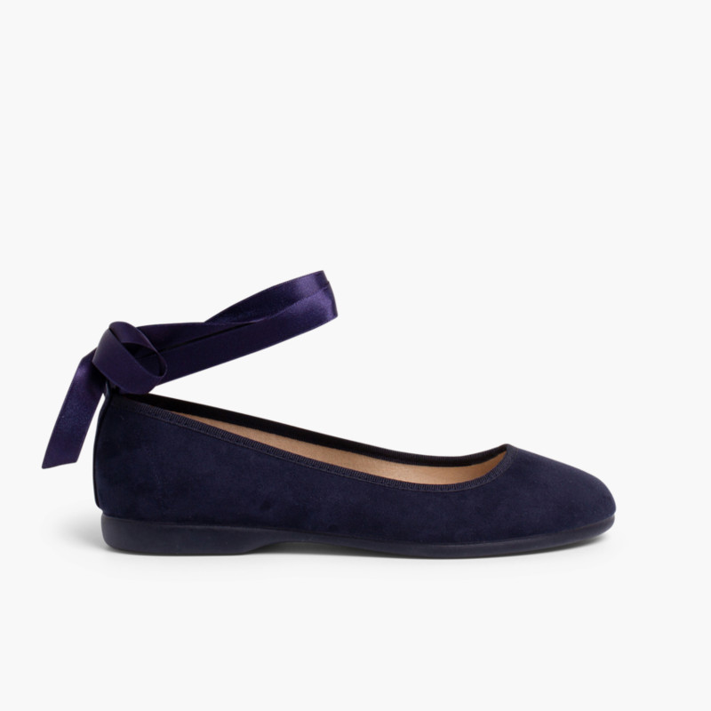 Ballerines pour Fille et Femme Avec Rubans en Satin et Bride Bleu Marine
