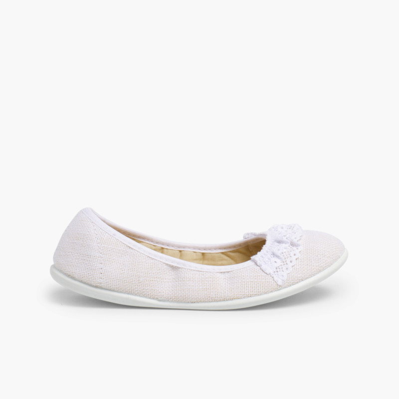 Ballerines pour fille en Lin avec Dentelle Blanc