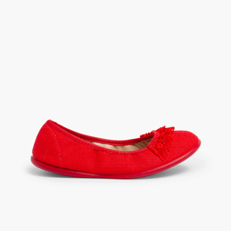 Ballerines pour fille en Lin avec Dentelle Rouge