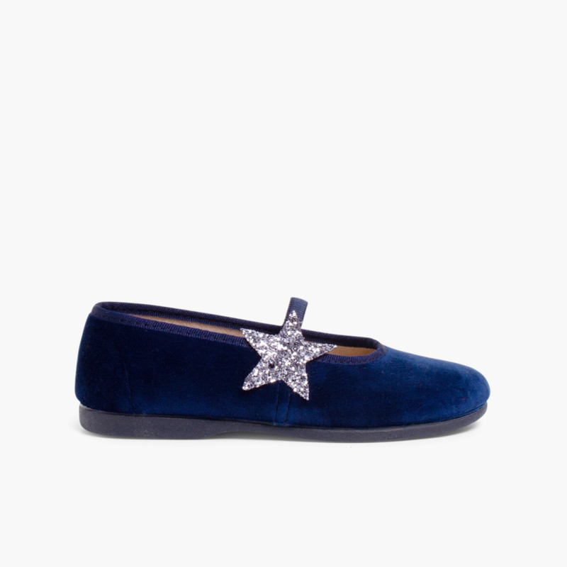 Ballerines pour fille avec Etoile Glitter et Bande Elastique Bleu Marine