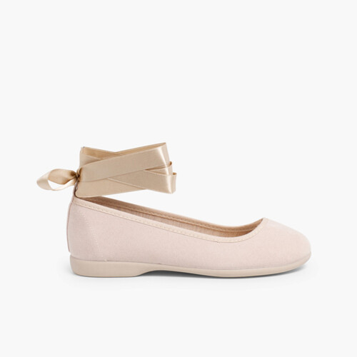 Ballerines pour Fille et Femme Avec Rubans en Satin et Bride Beige