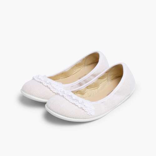 Ballerines pour fille en Lin avec Dentelle Blanc