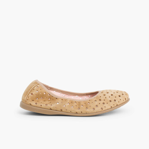 Ballerines pour Fille et Femme En Suède Elastiques Perforées D’étoiles Beige