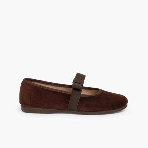 Ballerine pour fille en Velours avec ruban sur l'élastique Marron