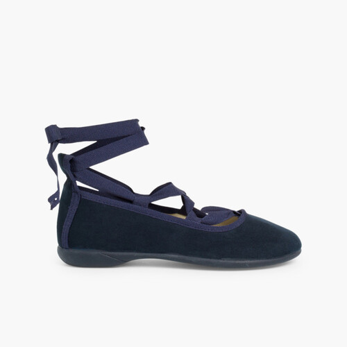 Ballerines pour Fille et Femme Effet Daim Avec Rubans Bleu Marine