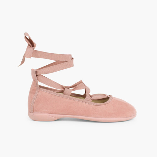 Ballerines pour Fille et Femme Effet Daim Avec Rubans Rose Claire