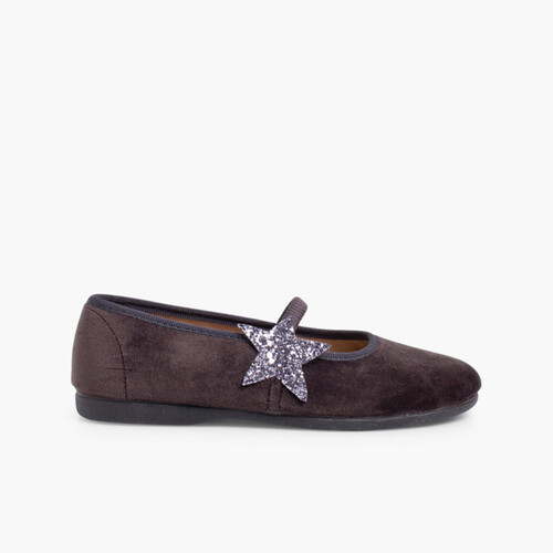 Ballerines pour fille avec Etoile Glitter et Bande Elastique Gris