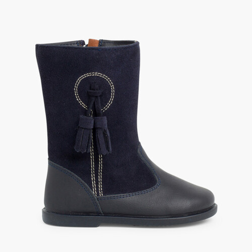 Bottes Fille en Cuir et Suède avec Pompons  Bleu Marine