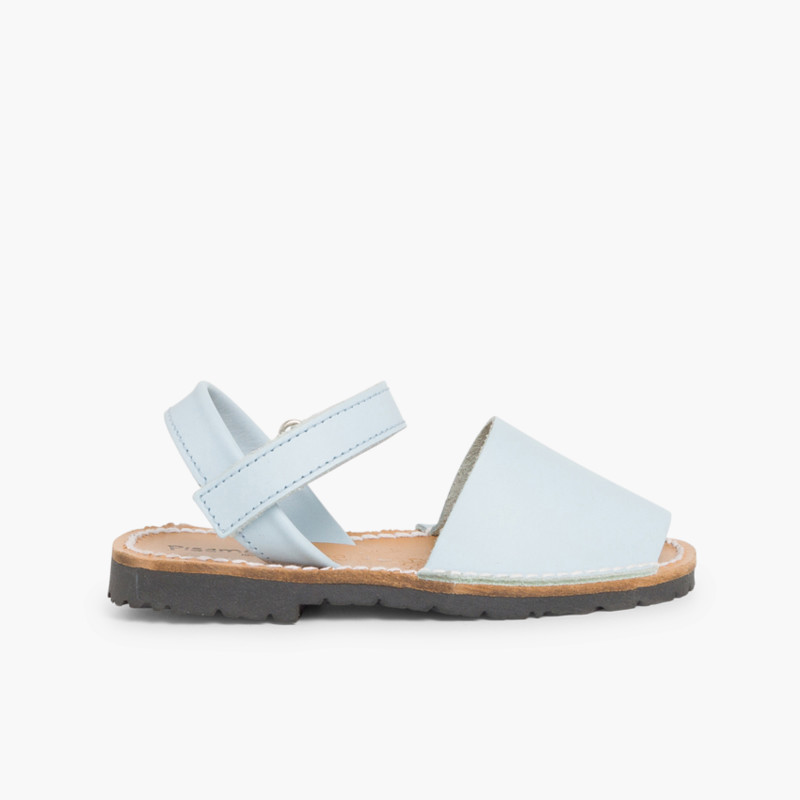Sandales Avarcas cuir nappa et à scratch pour Enfant  Bleu Ciel