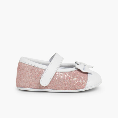 Chaussures Babies à à scratch en Cuir Nappa et Cuir Suédé Brillant Rose
