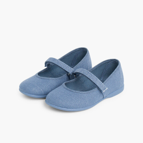 Chaussures babies en Lin avec à scratch fin pour filles Bleu de France