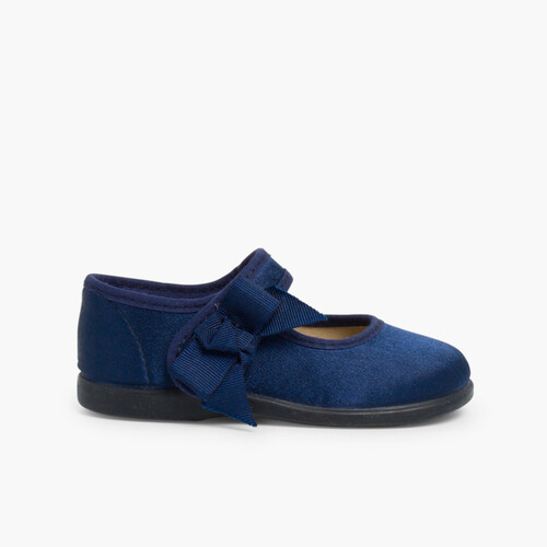 Chaussures Babies Satin à scratch pour Fille  Bleu Marine