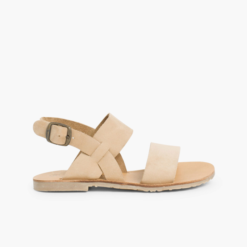 Sandales Nubuck Avec Brides Larges Beige