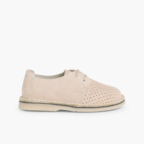 Chaussures Derbies en Suède Perforé Beige