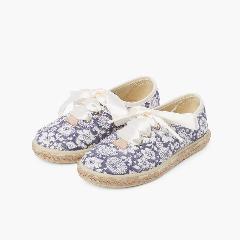 Derbies à Fleurs et Jute Lacets en Satin Bleu Marine