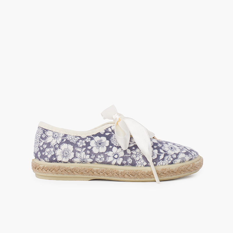 Derbies à Fleurs et Jute Lacets en Satin Bleu Marine