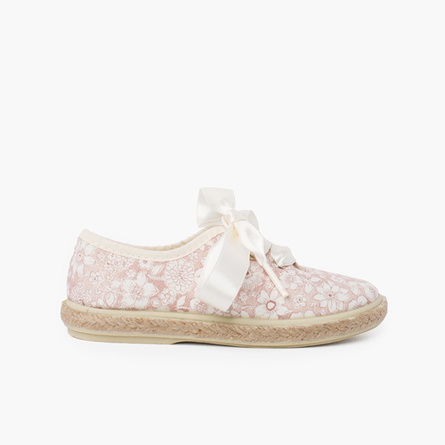 Derbies à Fleurs et Jute Lacets en Satin Rose Pâle